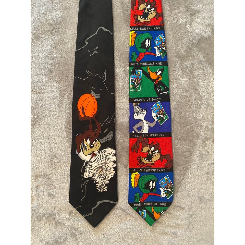 Warner Bros Necktie Bundle/2 Taz Space Jam Looney Tunes Stamp 90s Vintage